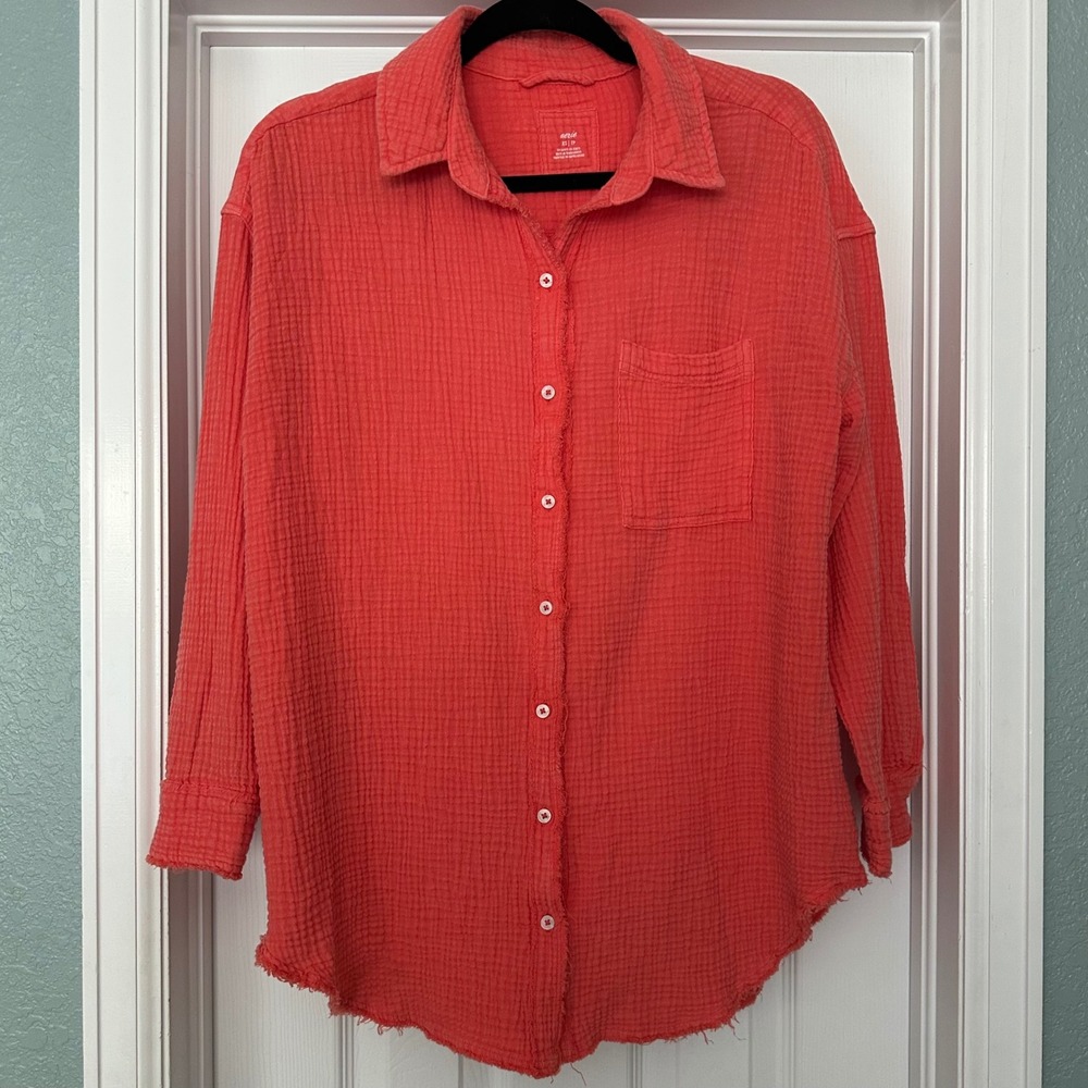 Aerie Gauzy Cotton Coverup Shirt Button Down Oversized Resort Red Beachy‎ Sz XS